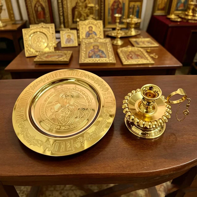 Vintage Gold Plated Orthodox Candle Holder with Disk Tray for Church Liturgy Home Altar Prayer Devotion Christian Religious Gift