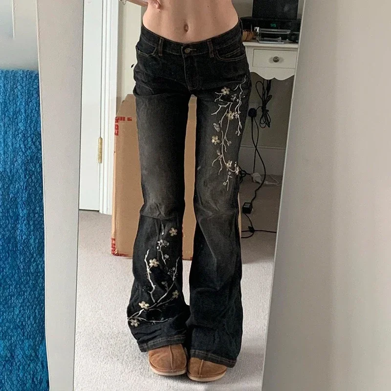 جينز مطرز بالزهور عتيق 2000s جينز متوهج منخفض الارتفاع للنساء ريترو Y2k سروال دينم فضفاض عالي الشارع بنطلون أساسي #1