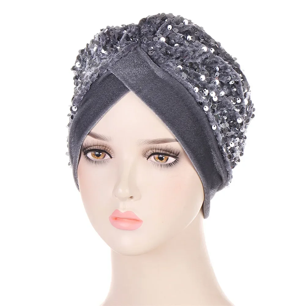 New Sequin Velvet Hat Indian Women Muslim Hijab Chemo Caps Stretch Turban Bonnet Headwrap Scarf Hair Loss Femme Bonnet Headscarf