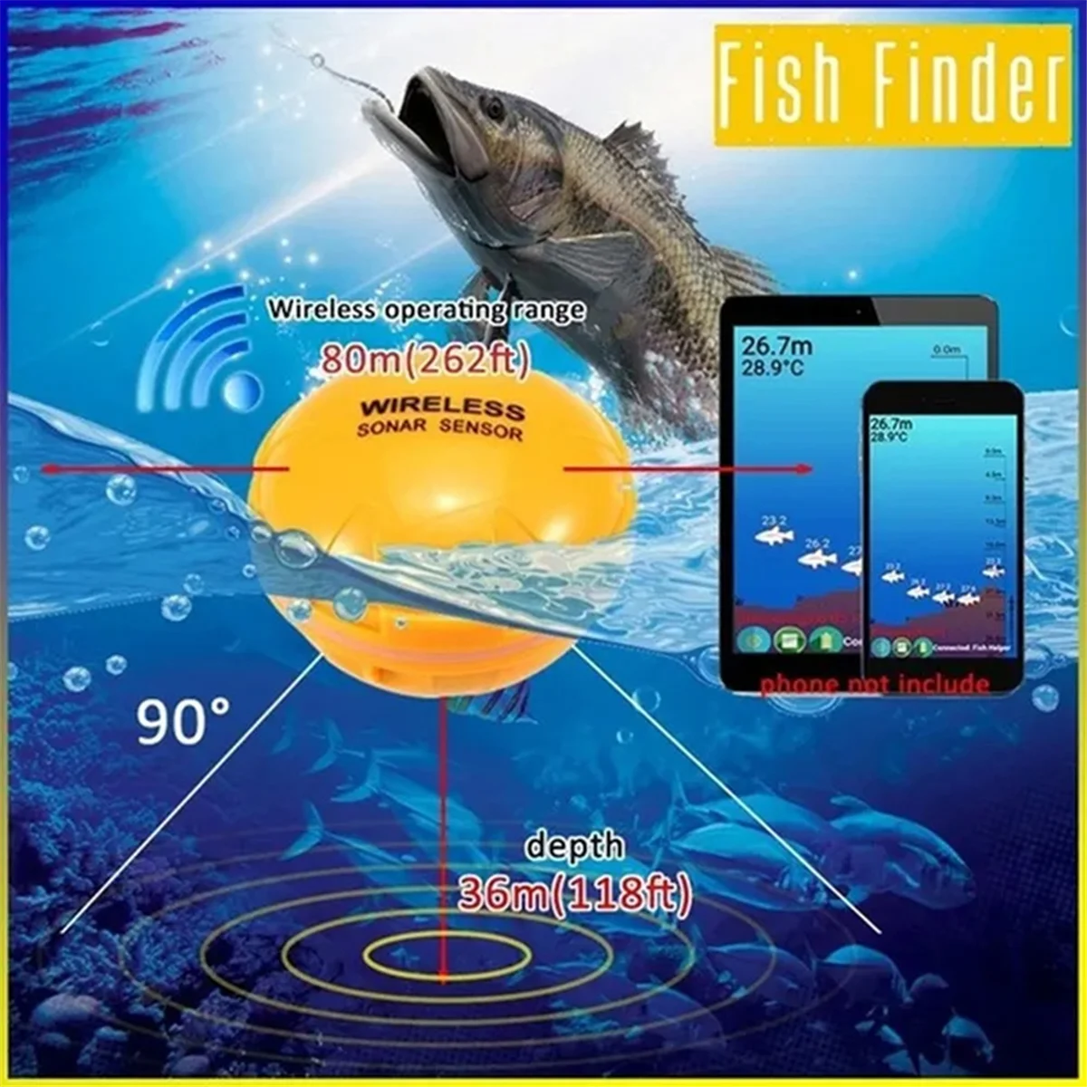 

BABP Wireless Bluetooth Smart Sonar Fish Finder 36m/118ft Fish Finder Portable Outdoor Fishing Equipment for IOS Android