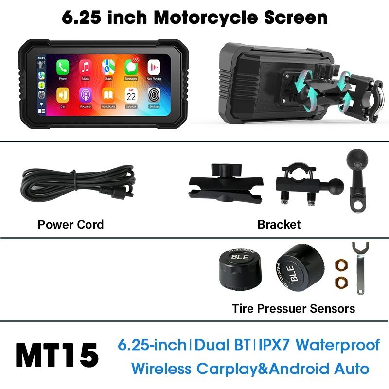 6.25 "Motorfiets GPS Navigatie DVR Carplay Scherm Dual Camera Drive Recorder IPX7 Waterdichte Moto Monitor Ondersteuning TPMS