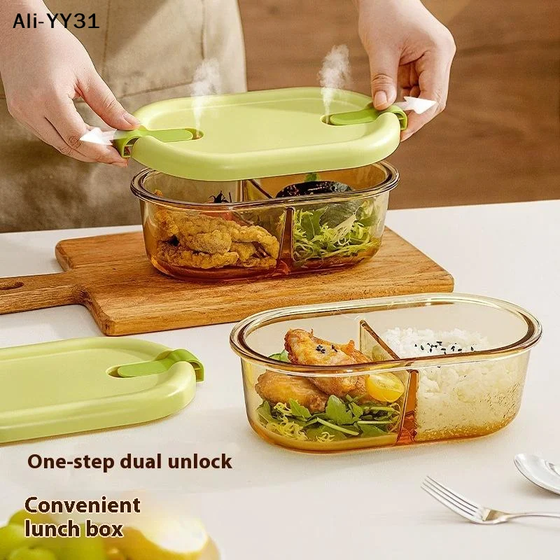 

Стеклянный ланч-бокс для микроволновки для офисных работников, термостойкий, с разделителями, герметичный, сохраняющий свежесть, с крышкой.