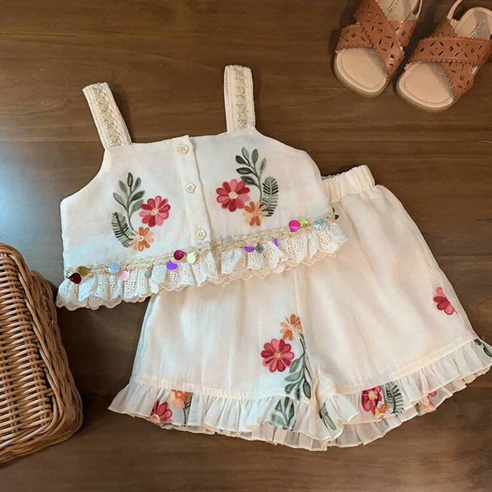 

Children Casual Two-piece Set Girl's Summer Embroidery Ruffles Cute Set Square Collar Sleeveless Short Tank+Elastic Mini Shorts