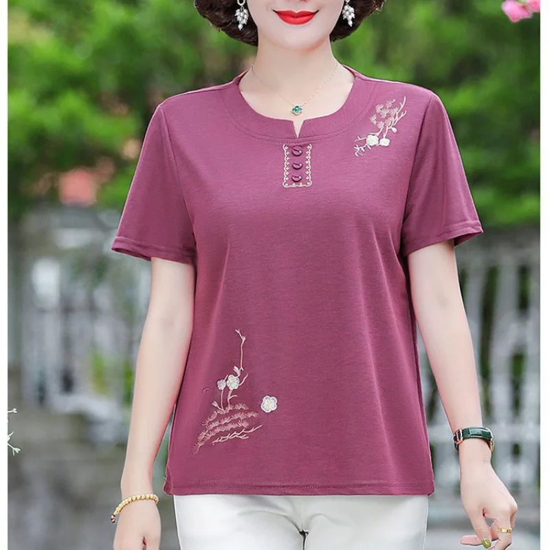 New Summer Women\'s Solid Colors O-Neck Short Sleeve Loose Plus Size Classic Embroidery Pullovers Vintage Fashion Casual Tops