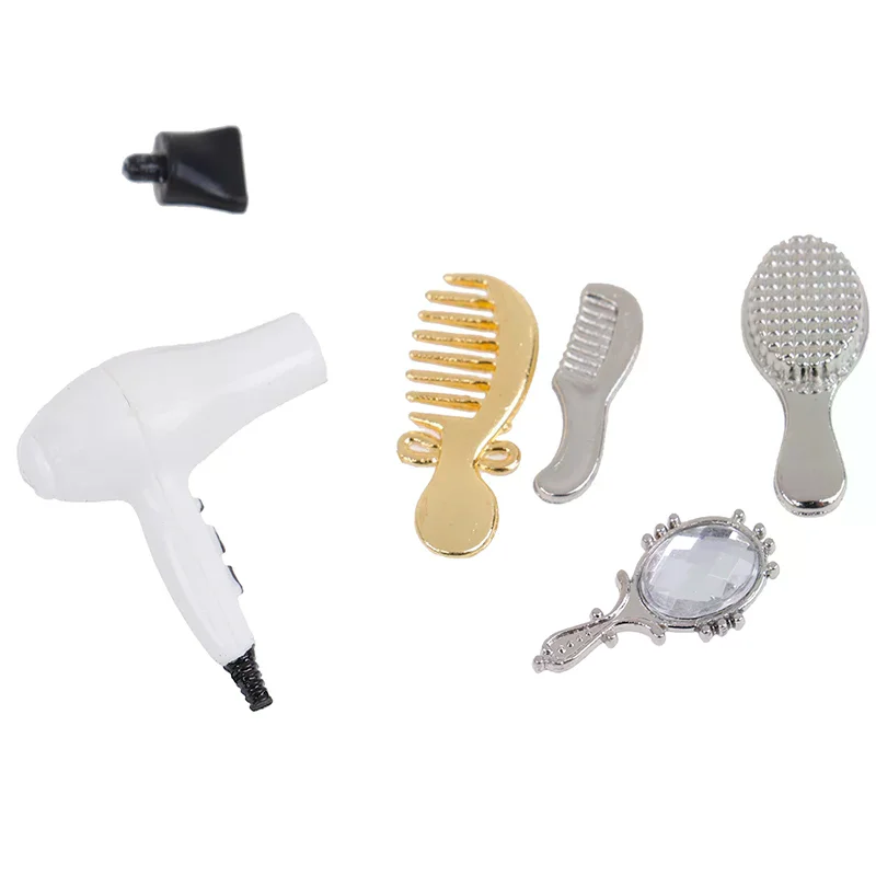 Minituare Hair Salon Dollhouse Alloy Hair Grooming Tools With Small Hairbrush Mirror Blow Dryer Hairdressing Model Accessori view 3