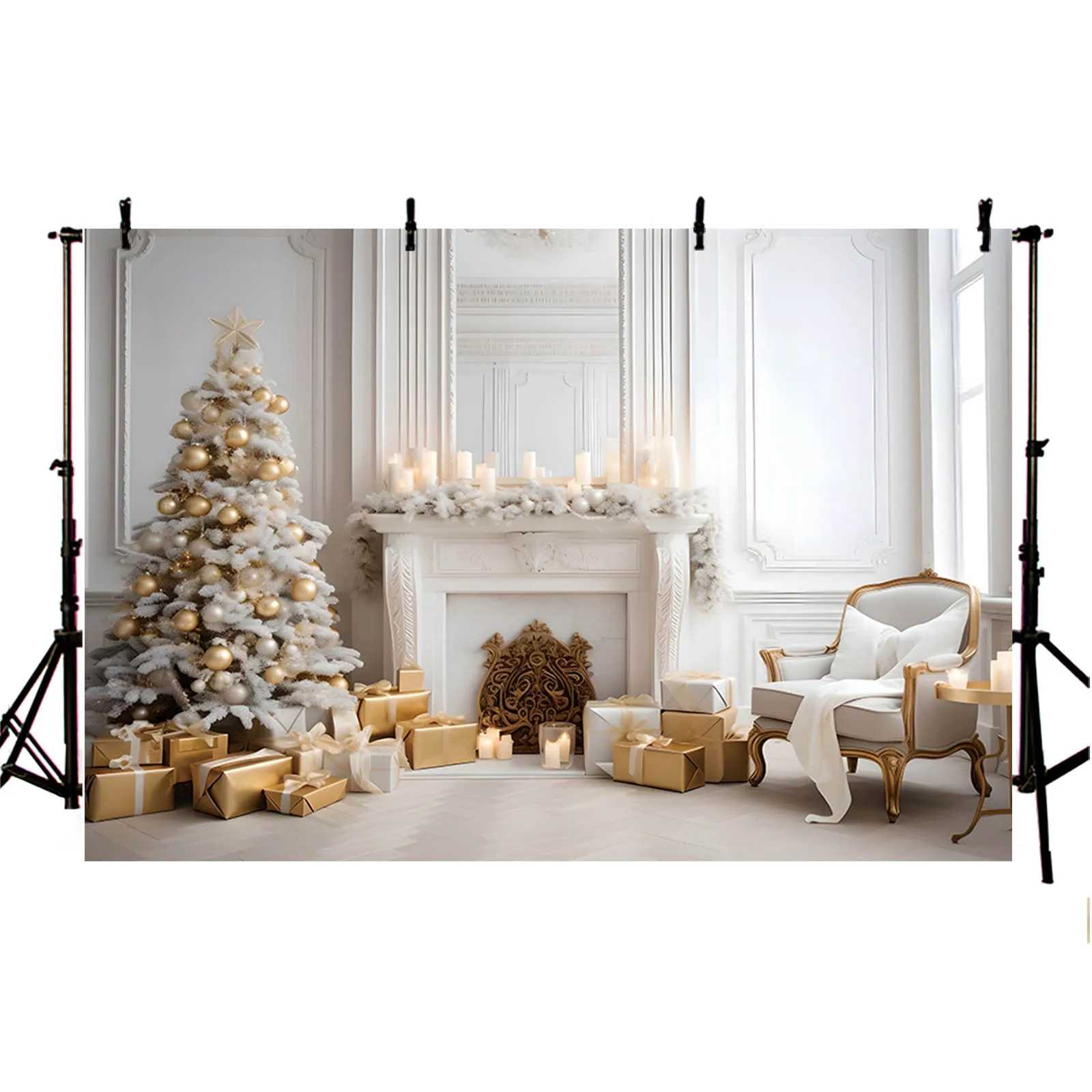 Indoor Stove Christmas Photography Background Xmas Snow Tree Santa Gift White Wall Kid Family Portrait Party Decoration Backdrop