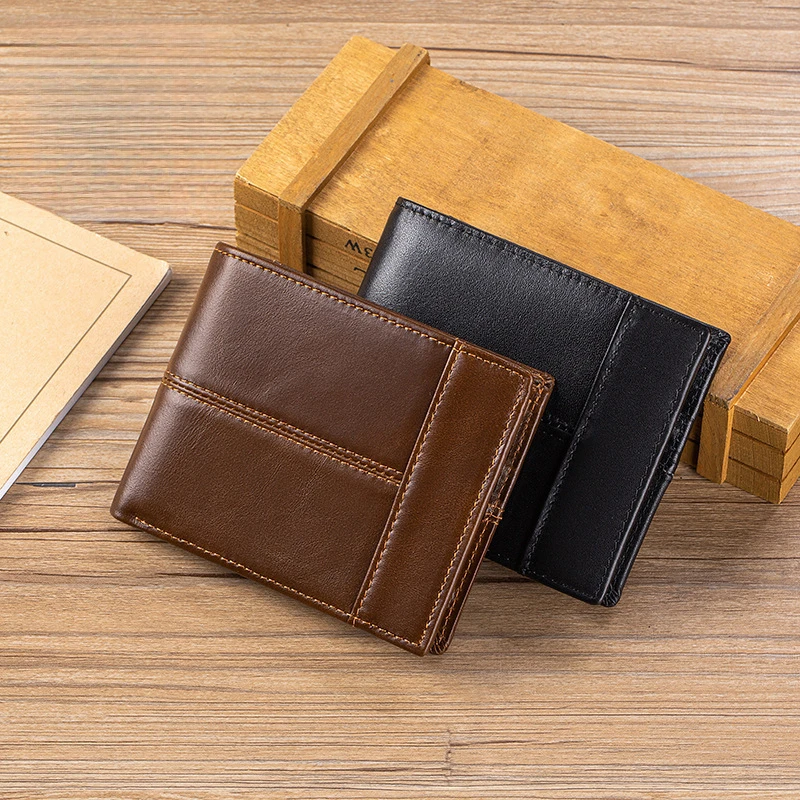 Cartera de cuero para hombre, estilo corto, con múltiples compartimentos, cierre metálico, piel de vaca, antimagnética, RFID, de doble pliegue, sin monedero.
