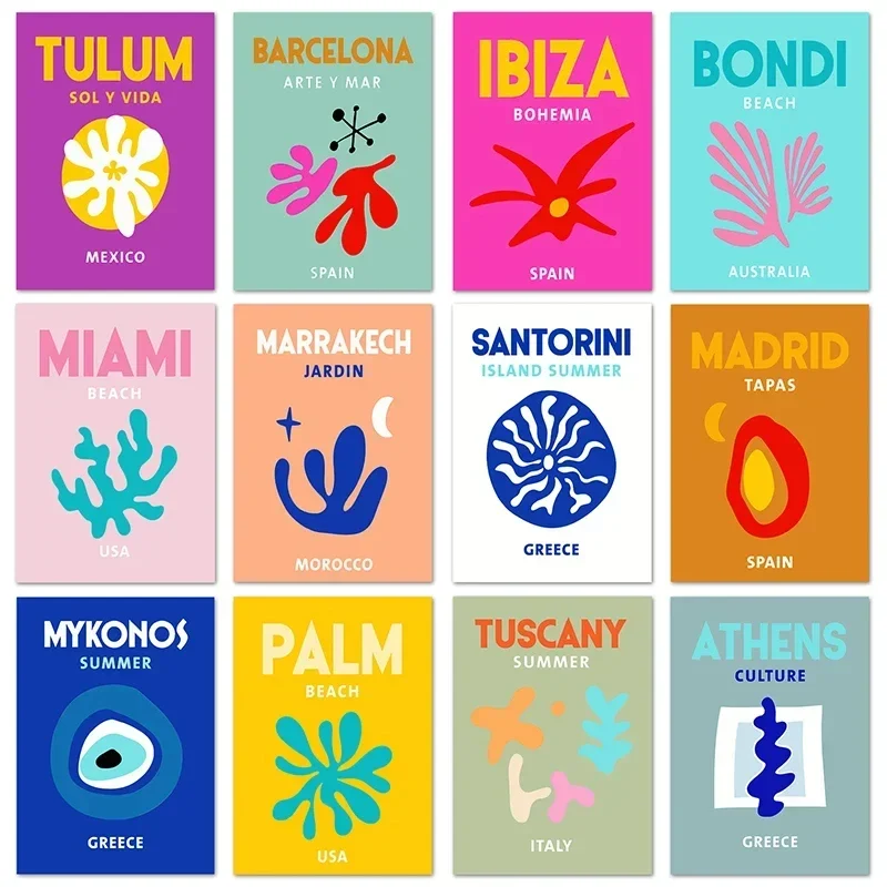1pc Frameless Ibiza Mykonos Tulum Tuscany Athens Madrid Wall Art Nordic Posters and Prints Canvas Painting Pictures for Living R
