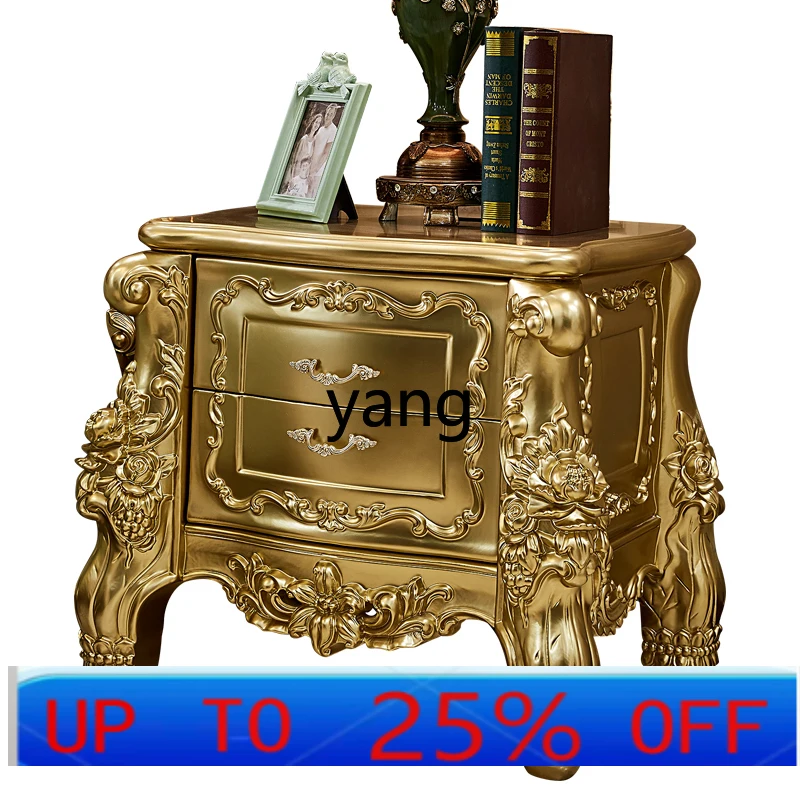 LH champagne gold retro solid wood bedside table assembly bedroom drawer deep carved bedside table