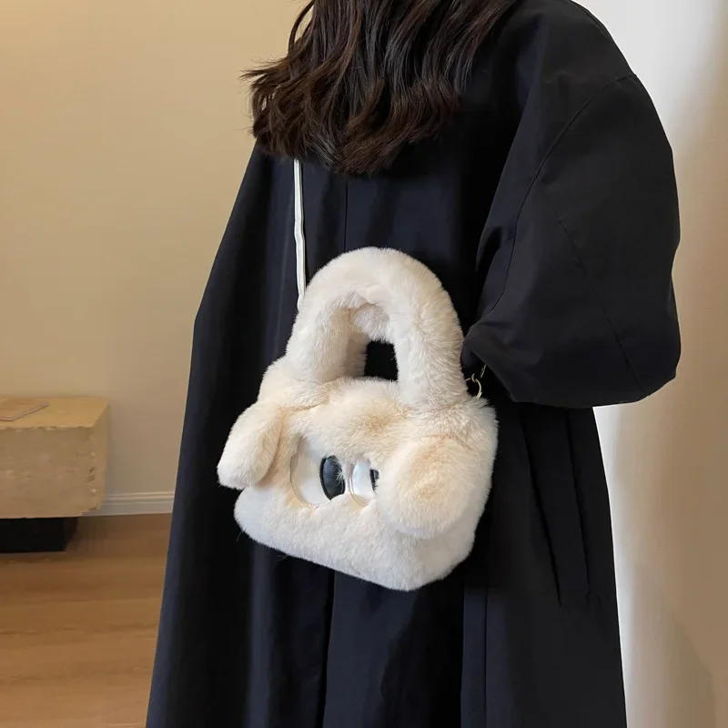 Borsa pelosa 2023 autunno e inverno Cartoon Cute Big Eyes Puppy Handbag borse a secchiello in peluche a tracolla singola