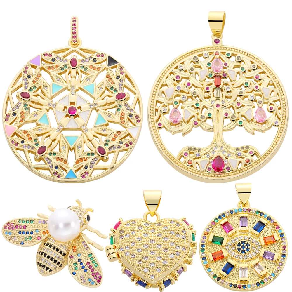 Juya 18K Real Gold Plated Luxury Rainbow Zirconia Star Dragonfly Tree Of Life Bee Love Heart Round Greek Evil Eye Charm Pendants