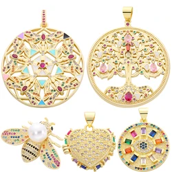 Juya 18K Real Gold Plated Luxury Rainbow Zirconia Star Dragonfly Tree Of Life Bee Love Heart Round Greek Evil Eye Charm Pendants