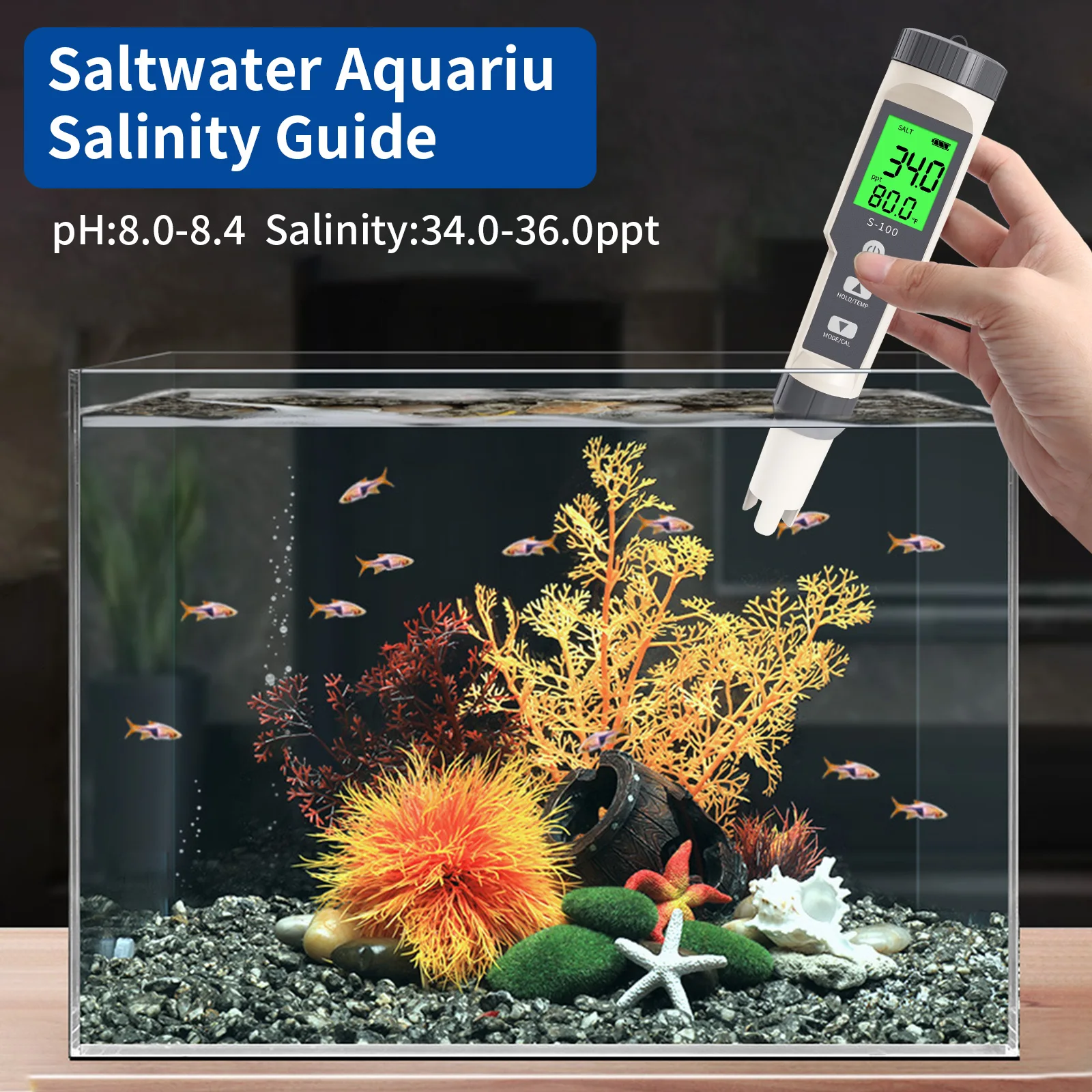 Imagem -02 - Medidor de Salinidade Digital para Aquários Tds ce Temp Água Salgada Qualidade Tester Alta Precisão Salinômetro para Aquários Piscina Spa Lagoa Koi