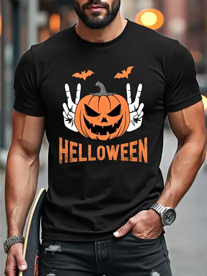 Men's Halloween Graphic Pumpkin Bat Print T-Shirt