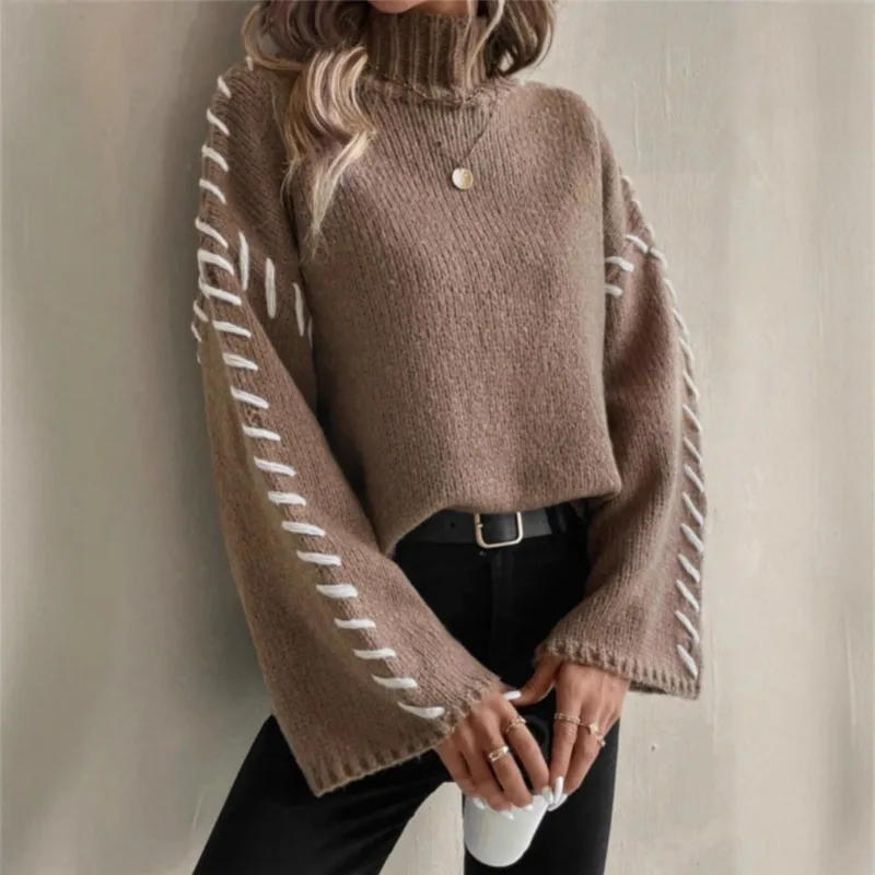 

2025 New High Neck Contrasting Color Design Stylish and Feminine Long Sleeved Casual Loose Knit Sweater for Autumn and Winter