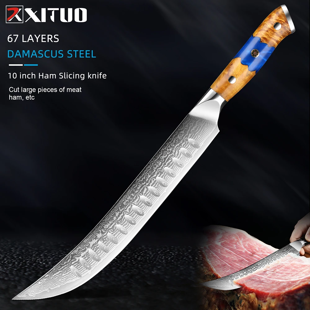 

Damascus Steel Breaking Knife Butcher Knife Japanese VG10 Super Steel Full Tang & Razor Sharp Kitchen Knife for Meat hams