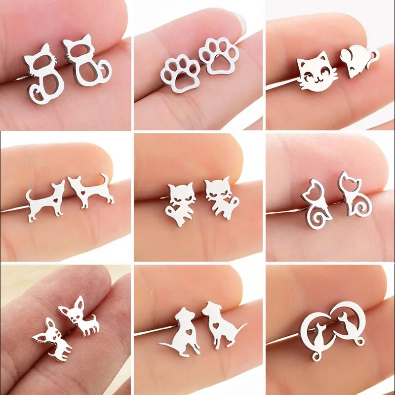 Fashion New Stainless Steel Small Animal Girl Simple Pet Cat Cute Dog Earrings Ear Stud Jewelry Gift Wholesale