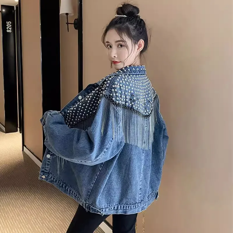 Women New Fashion Beading Heavy Printing Bear Patterned Denim Jacket Coat Ladies Casual Loose Trend Hole Jean Jackets Outerwear
