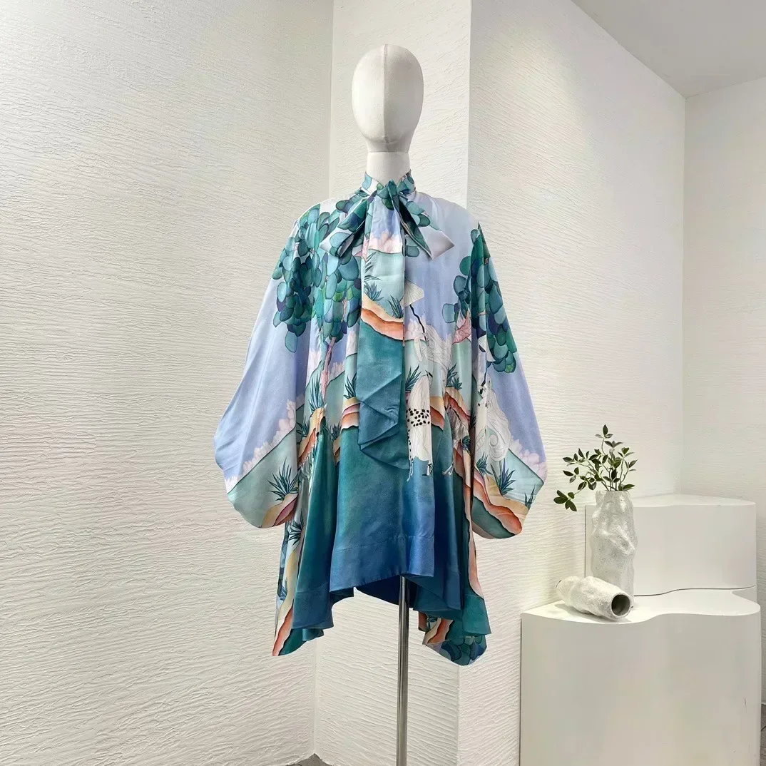 

New Collection Blue Green Cartoon Print Long Sleeve Irregular Hem High Quality Silk Mini Dress for Holiday