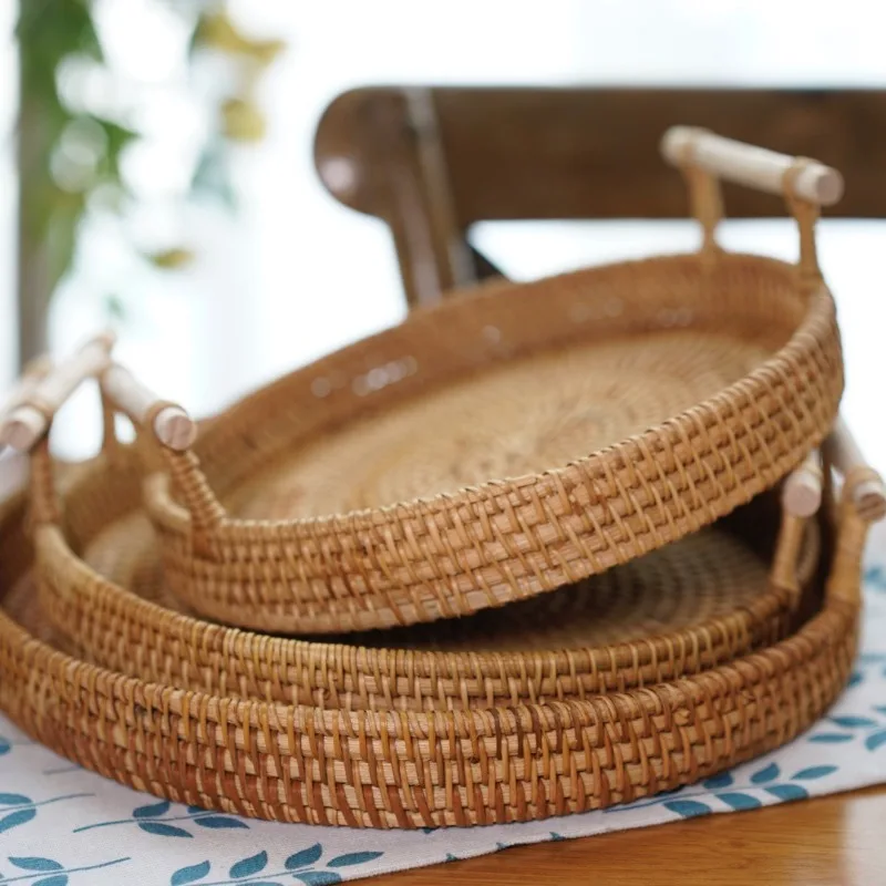 22/24/28CM Rattan Bread Storage Woven Snacks Fruit Round Living Room Table Finishing Tray Picnic Binaural Tray Food Tray