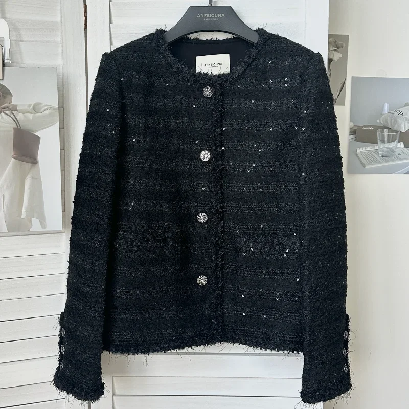 

Black O Neck Small Fragrance Sequined Shiny Coat Women Fashion High Quality Long Sleeve Wild Woven Lace French Tweed Jacket