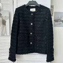 Black O Neck Small Fragrance Sequined Shiny Coat Women Fashion High Quality Long Sleeve Wild Woven Lace French Tweed Jacket