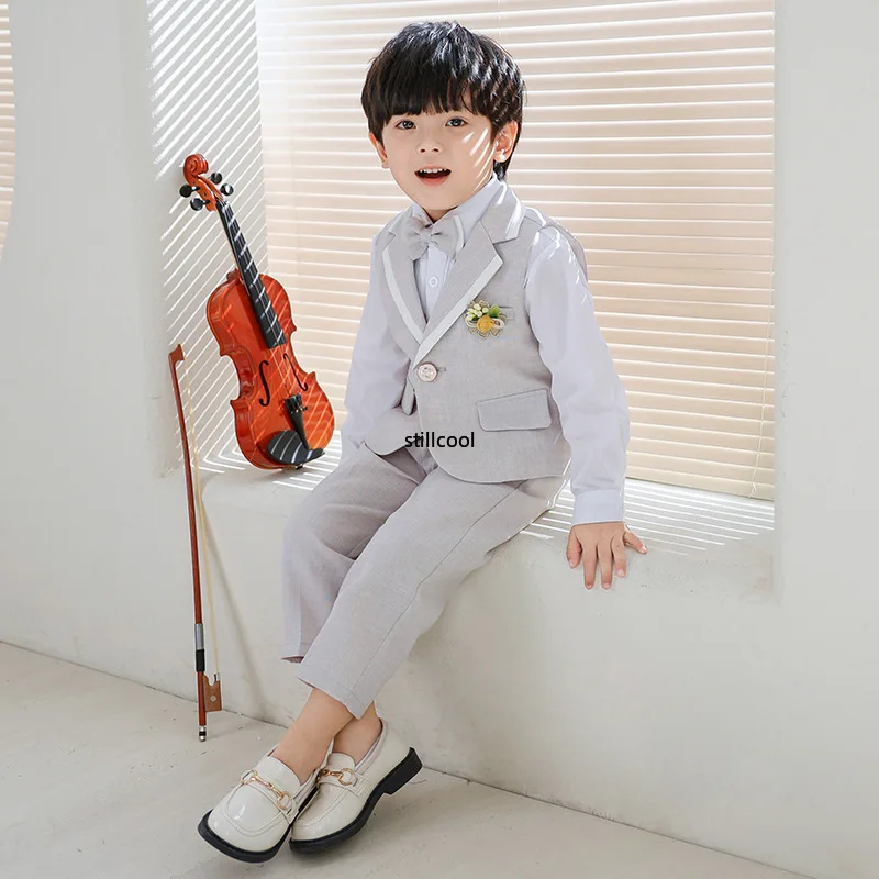 Suit for Boys Fashion Lapel Design Summer New Gentleman Wedding Costume Formal School Children Piano Performance Vest Blazer Set