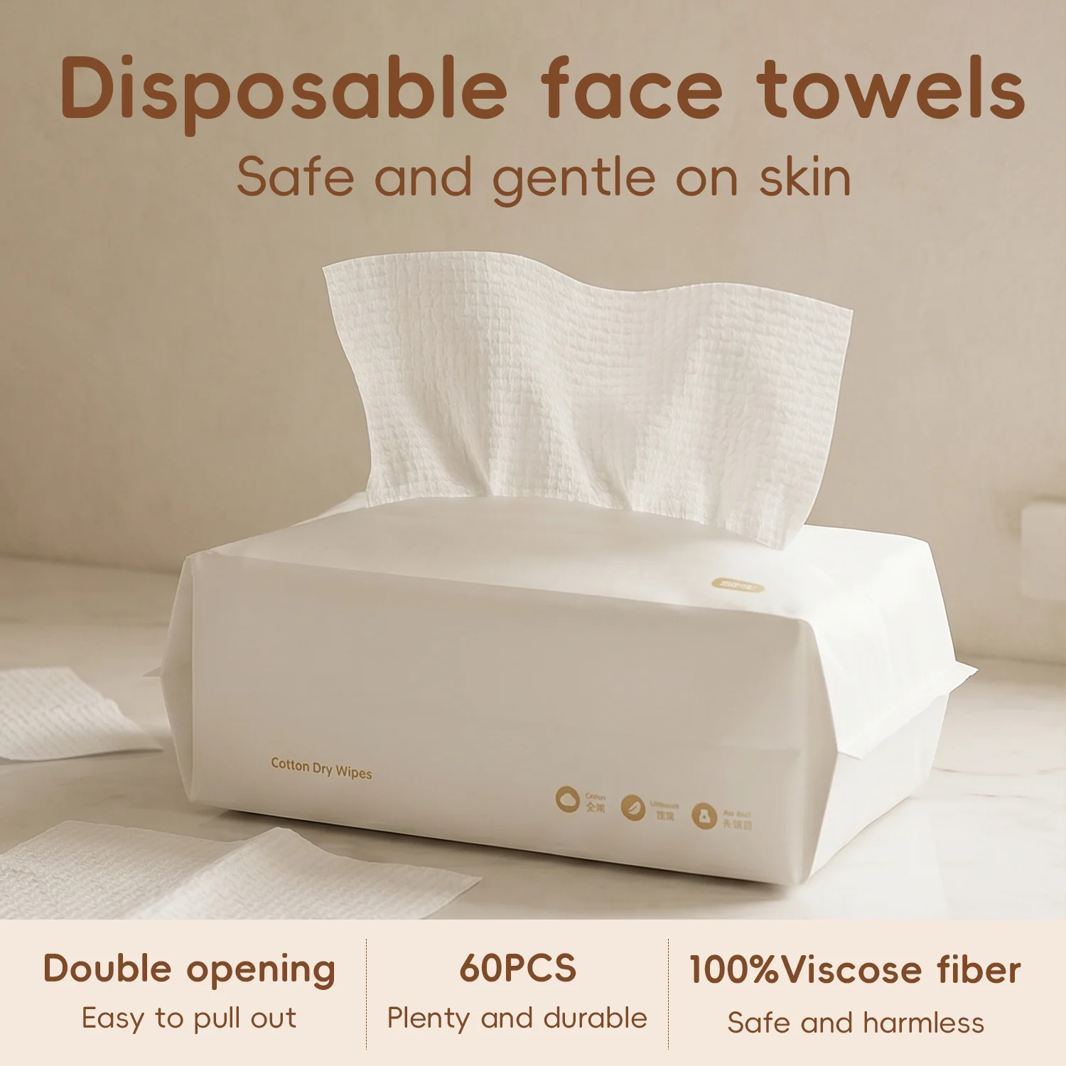 60 serviettes jetables en coton naturel pour le visage, pour le voyage, humides et sèches, non tissées, pour le nettoyage du visage et le démaquillage, serviettes douces