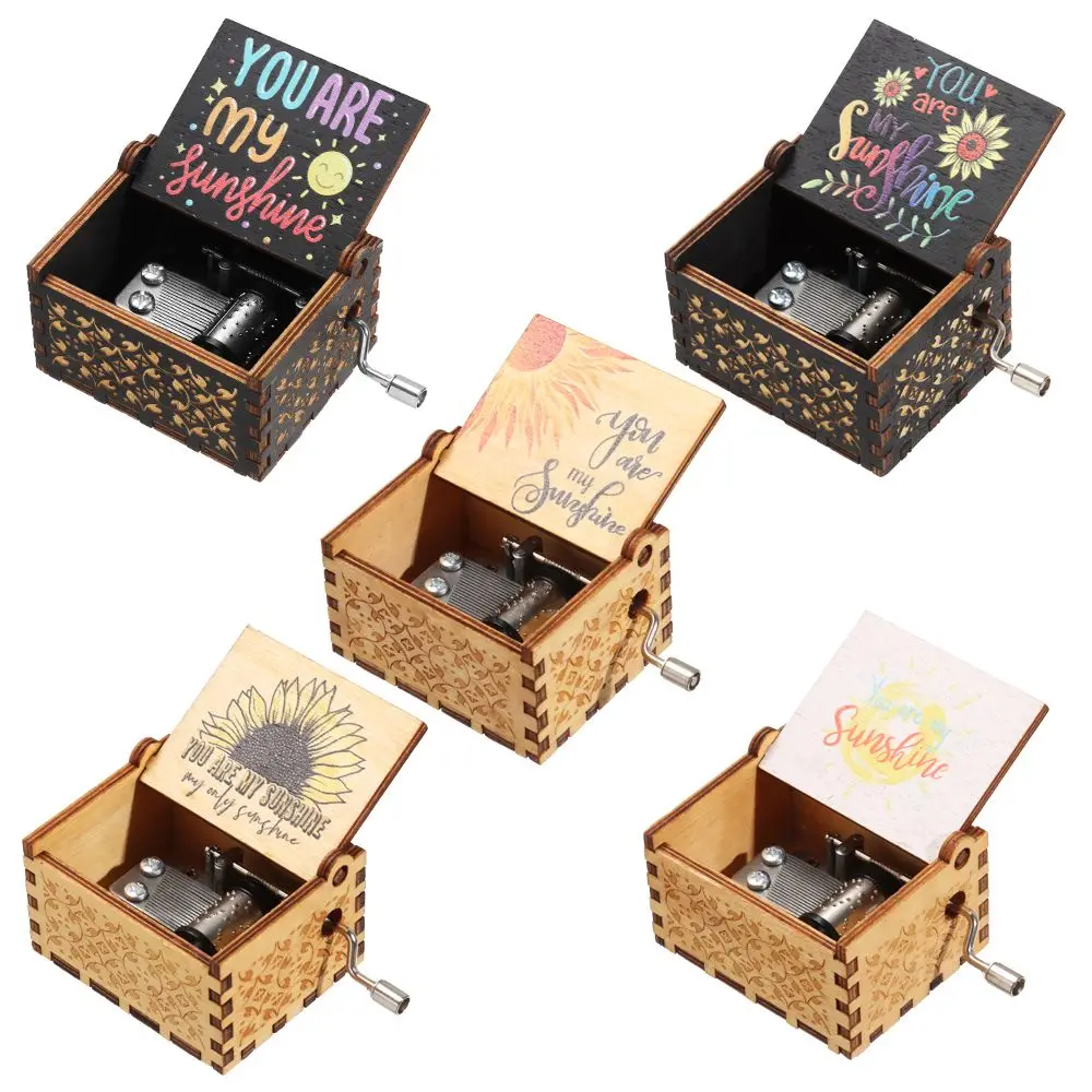 Anniversary Christmas Birthday Wooden Musical Boxes Hand-Cranked You are My Sunshine Music Box Black Engraved