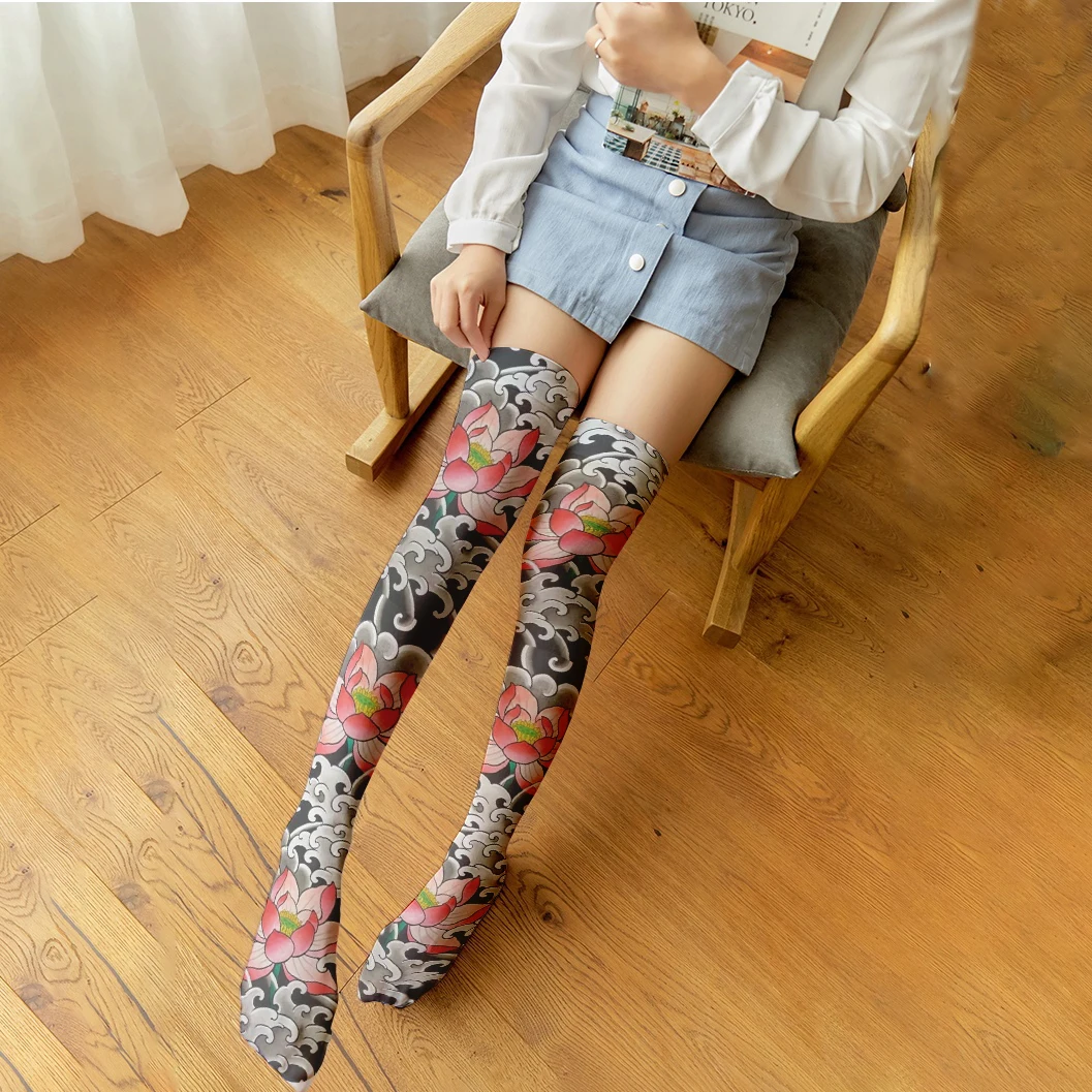 

Чулки с полным принтом и татуировкой, женские сексуальные модные чулки до бедра, Харадзюку, романтические носки для девочек, подарок