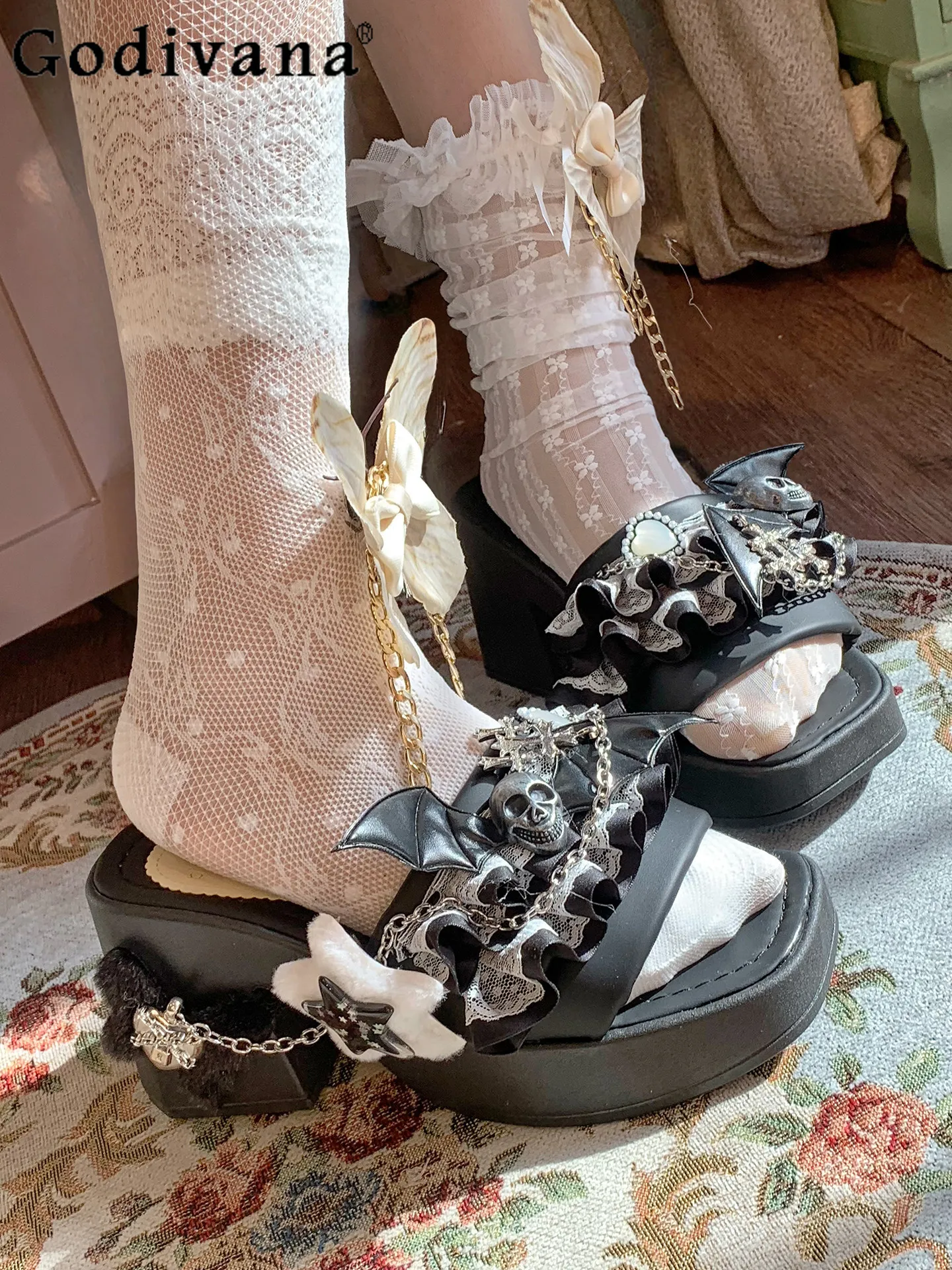 

Y2k Subculture Japanese Original Lace Black Thick Heel Square Head Sandals Sweet Cool Girl High Street Platform Women's Slippers