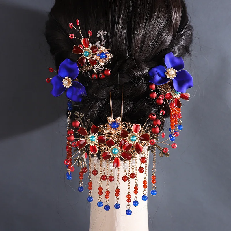 Antique Heavy Industry Red And Blue Flowers Back Pressure Comb Long Tassel Back Comb Chinese Clothing Recovery Style Headdress