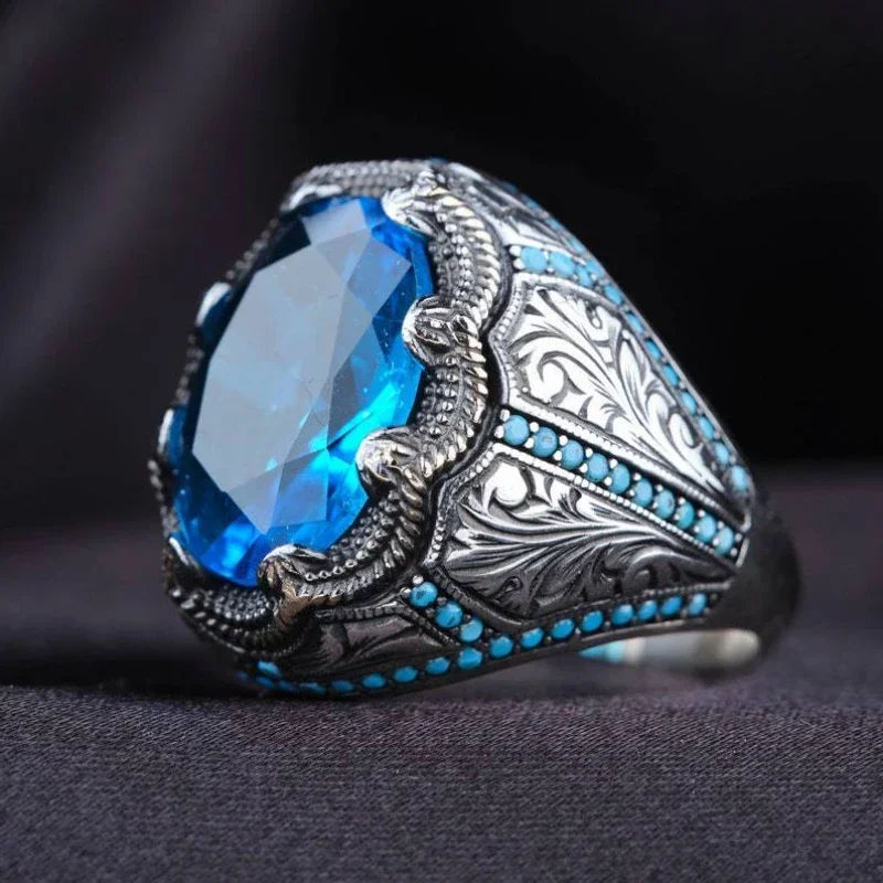 2023 New Inlaid Sea Blue Emerald Men's Ring Turkey Retro Domineering Personality Ring to Attend the Banquet High-quality Jewelry