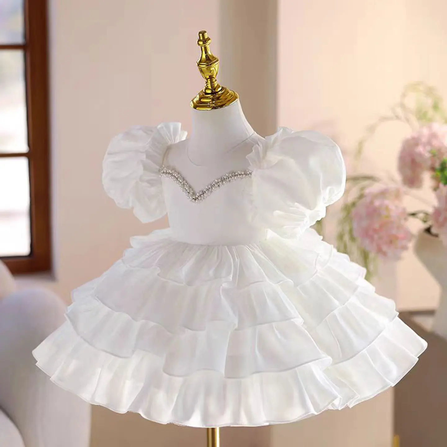 Dreamy Vow Elegant White Baby Girl Dress for Kids Wedding Birthday Celebration Party First Communion Knee Length Ball Gown J778