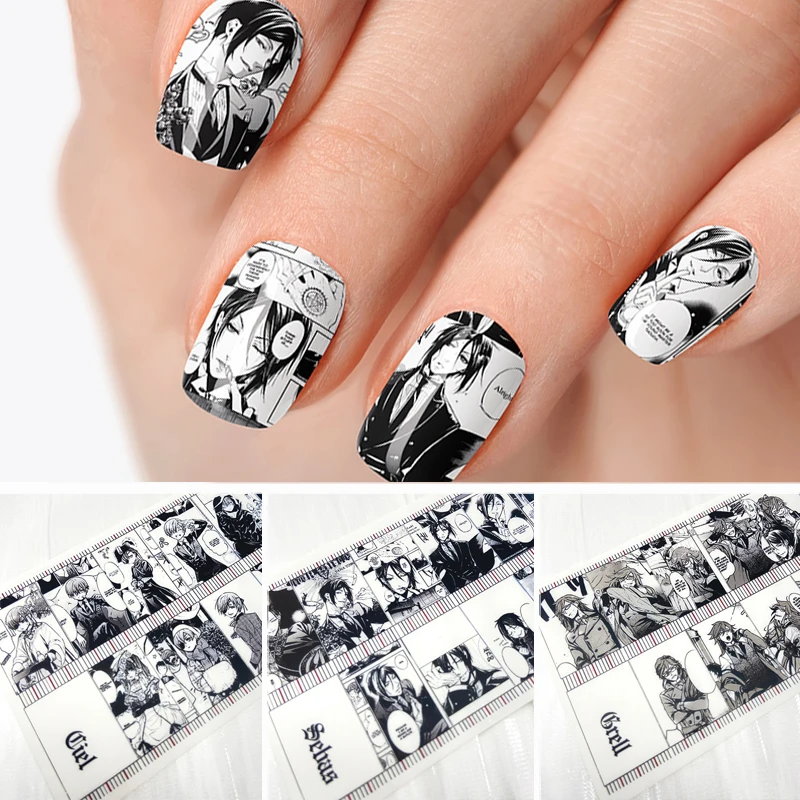 

Sebastian Michaelis Ciel Phantomhive Otaku Anime Nail Stickers Cute Manga Style Black White Nail Art Decals Uv Light Need Decor