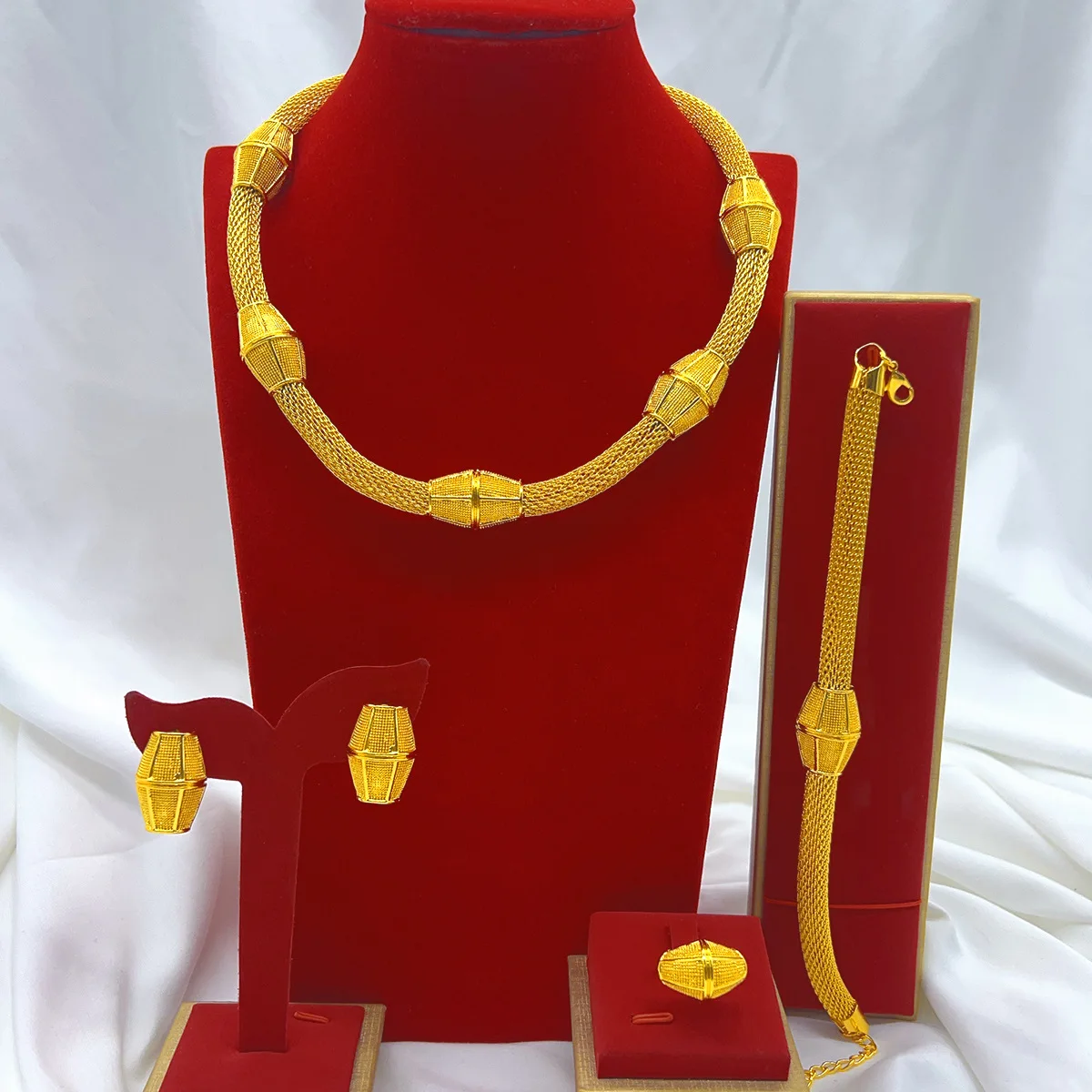 Women 24K Gold AU999 Simple Fashion Necklace Bracelet Earrings Ring 4-Piece Set - Age-friendly, ideal for gifting & personal use
