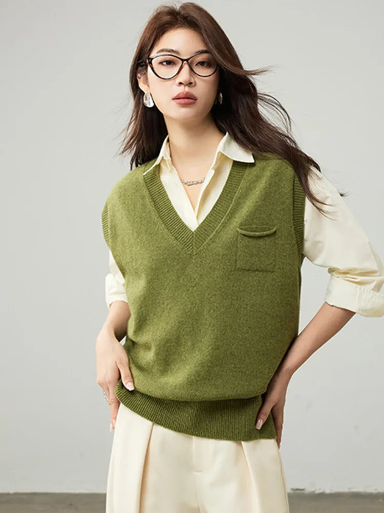 

Autumn 100% Merino Wool Sweater Vest Women V-Neck Pocket Loose Knitted Vests