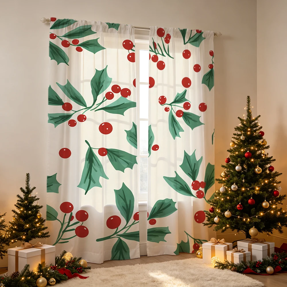 2PCS Christmas Curtains, Flat holly leaves red berries Print, Bedroom Window Drapes, Rod Pocket Top Polyester, Home Decor
