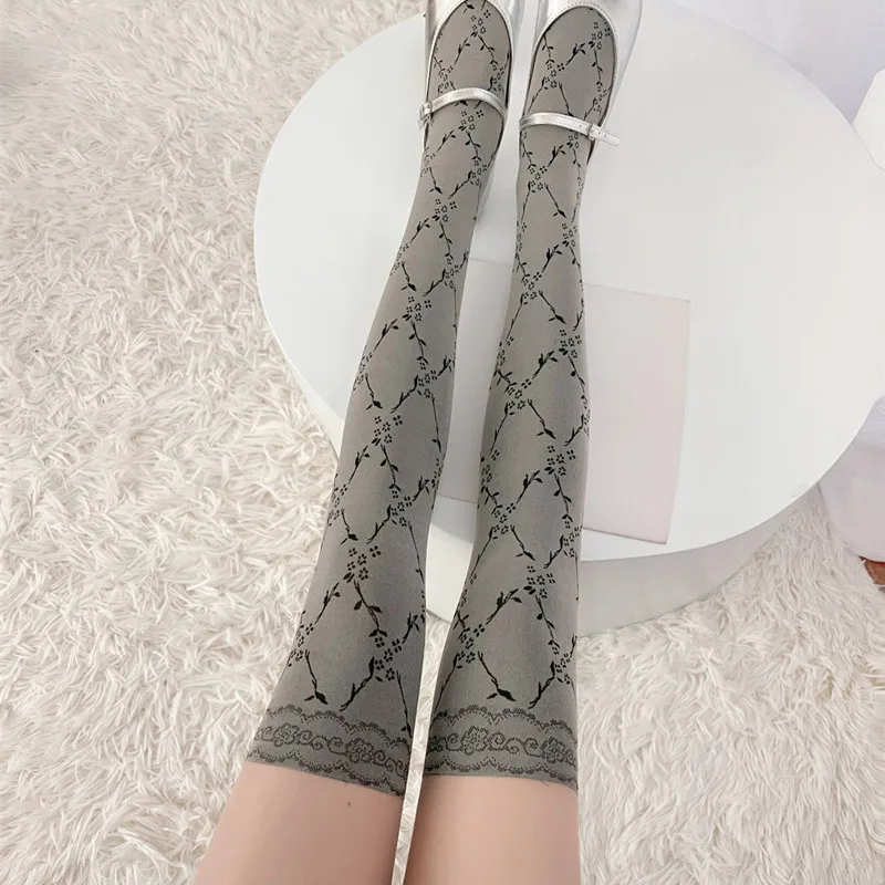 Grey Patchwork Fake Thigh-High Stockings Cross Floral Rattan Jacquard Retro Pantyhose Spice Girls Color Matching Tights