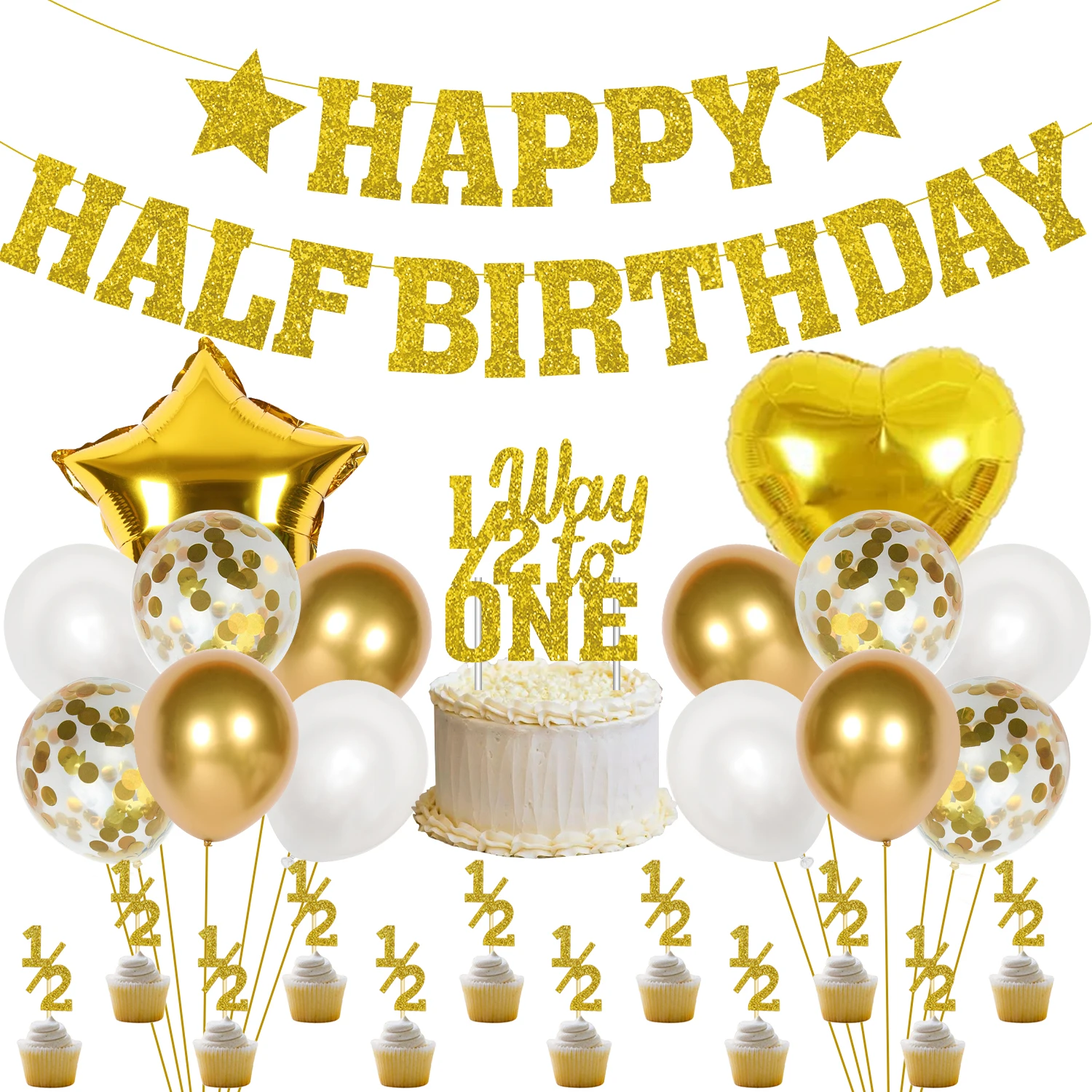 

Half Year Old Birthday Party Decorations Happy Half Birthday Banner 1/2 Way To One Cake Topper Balloons Set for 6 Months Baby