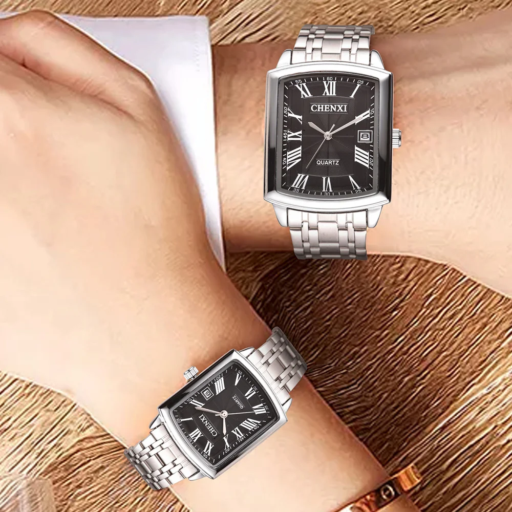 Парные повседневные часы CHENXI 079A, модные кварцевые часы с квадратным циферблатом и календарем, минималистичные водонепроницаемые полностью стальные деловые часы