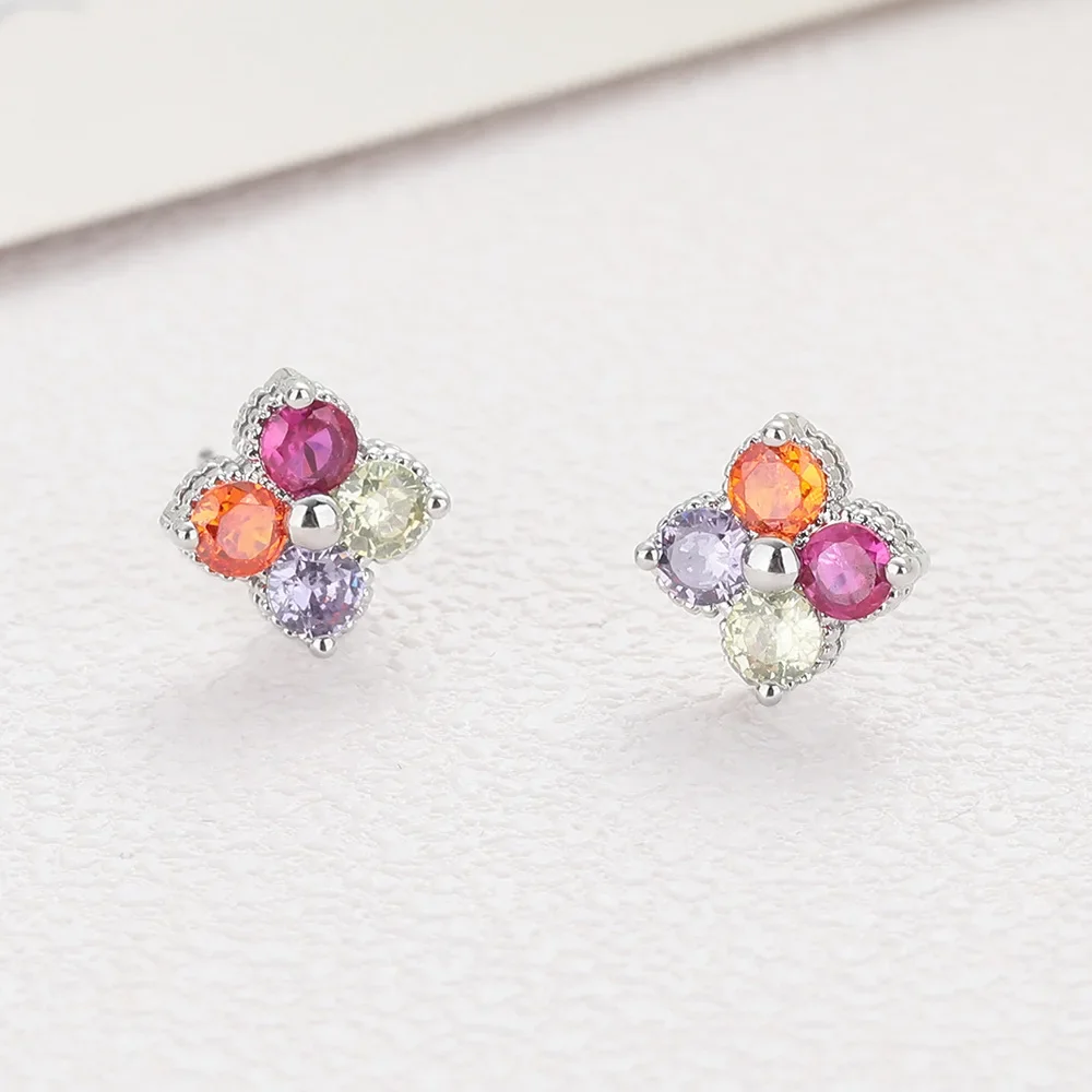 

Real 925 Sterling Silver Colored Zircon Clover Flowers Stud Earrings for Women Fine Jewelry Minimalist Plant Accessories