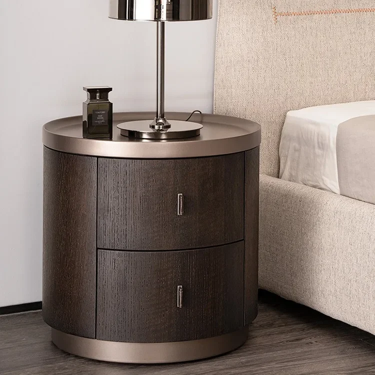 g-c6 Italian minimalist smoked color bedside solid wood round bedside cabinet Ready to ship and purchase with peace of mind