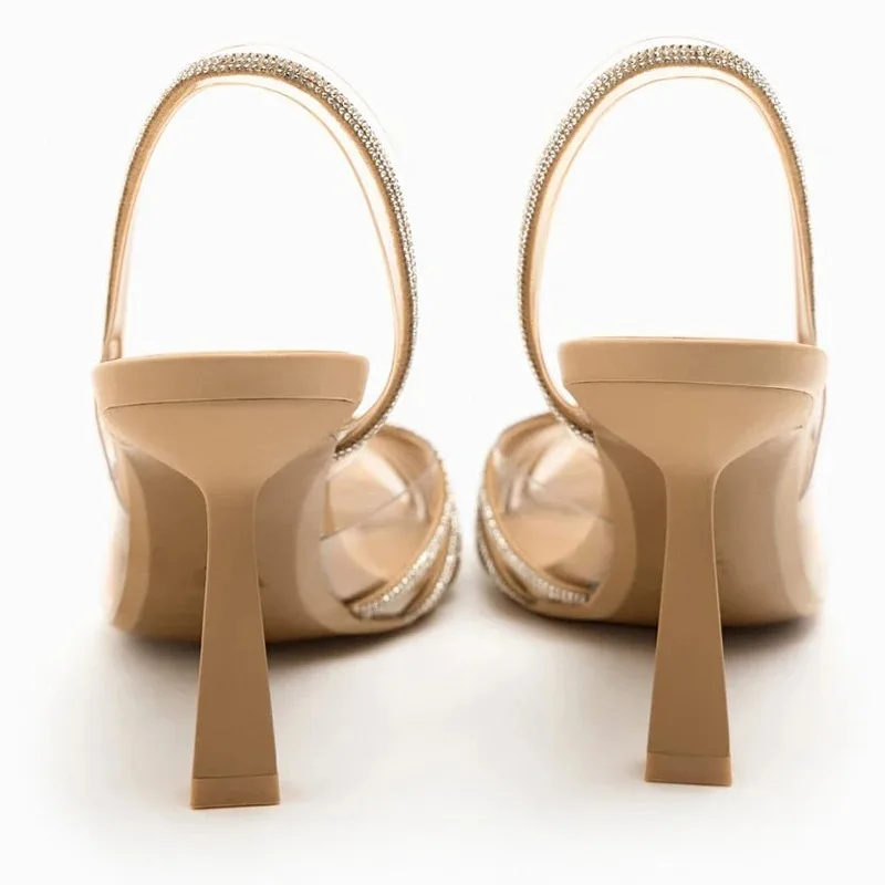 Summer Women's Sandals Apricot Shiny Rhinestone High Heels Shoes Fashion Transparent Sexy Slingback High Heels Woman