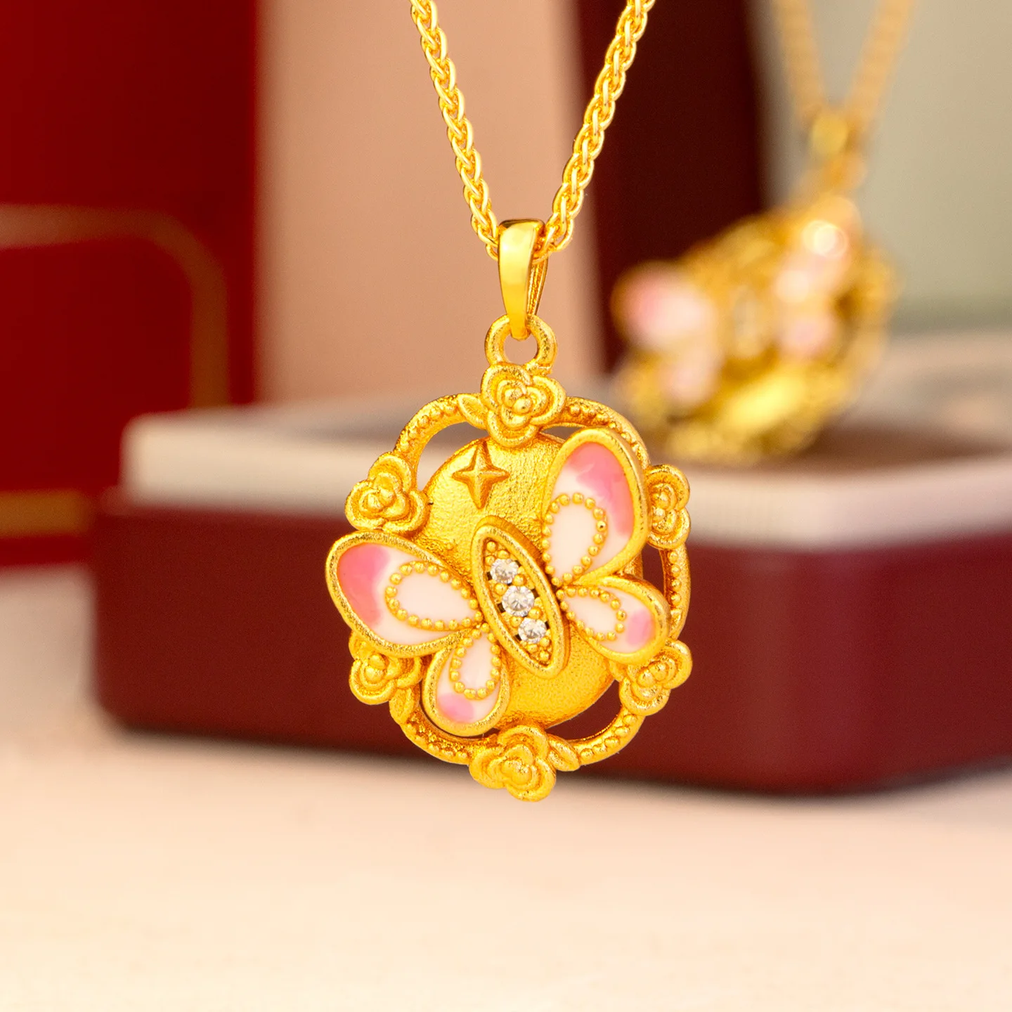 

New real gold jewelry 24k certifid hollow ancient enamel butterfly necklace au9999 pure gold women's sweet fashion necklace