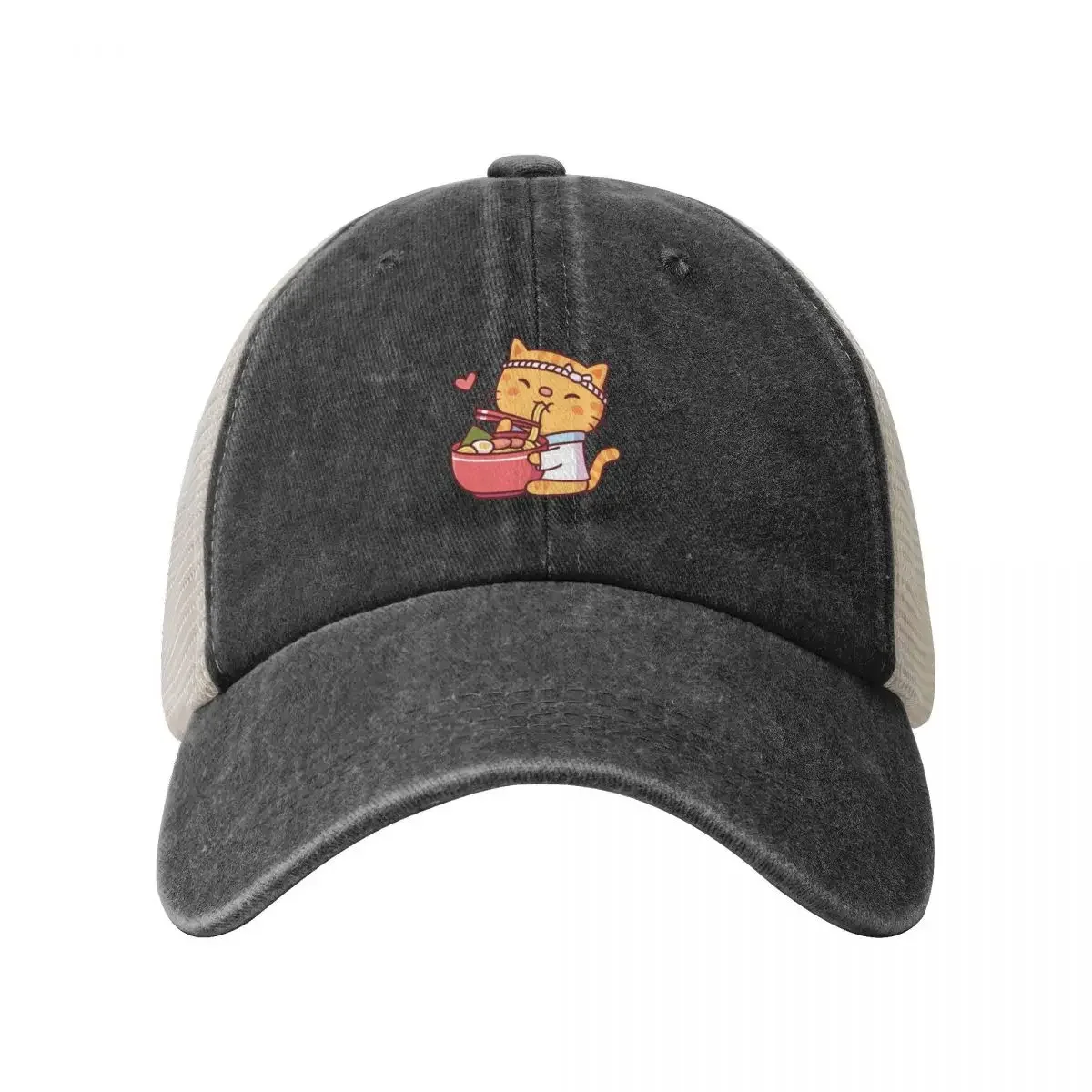 Cute Tabby Cat Chef Eating Ramen Noodles Cowboy Mesh Baseball Cap Icon Hip Hop Streetwear fashionable Elegant Women's Hats Men's