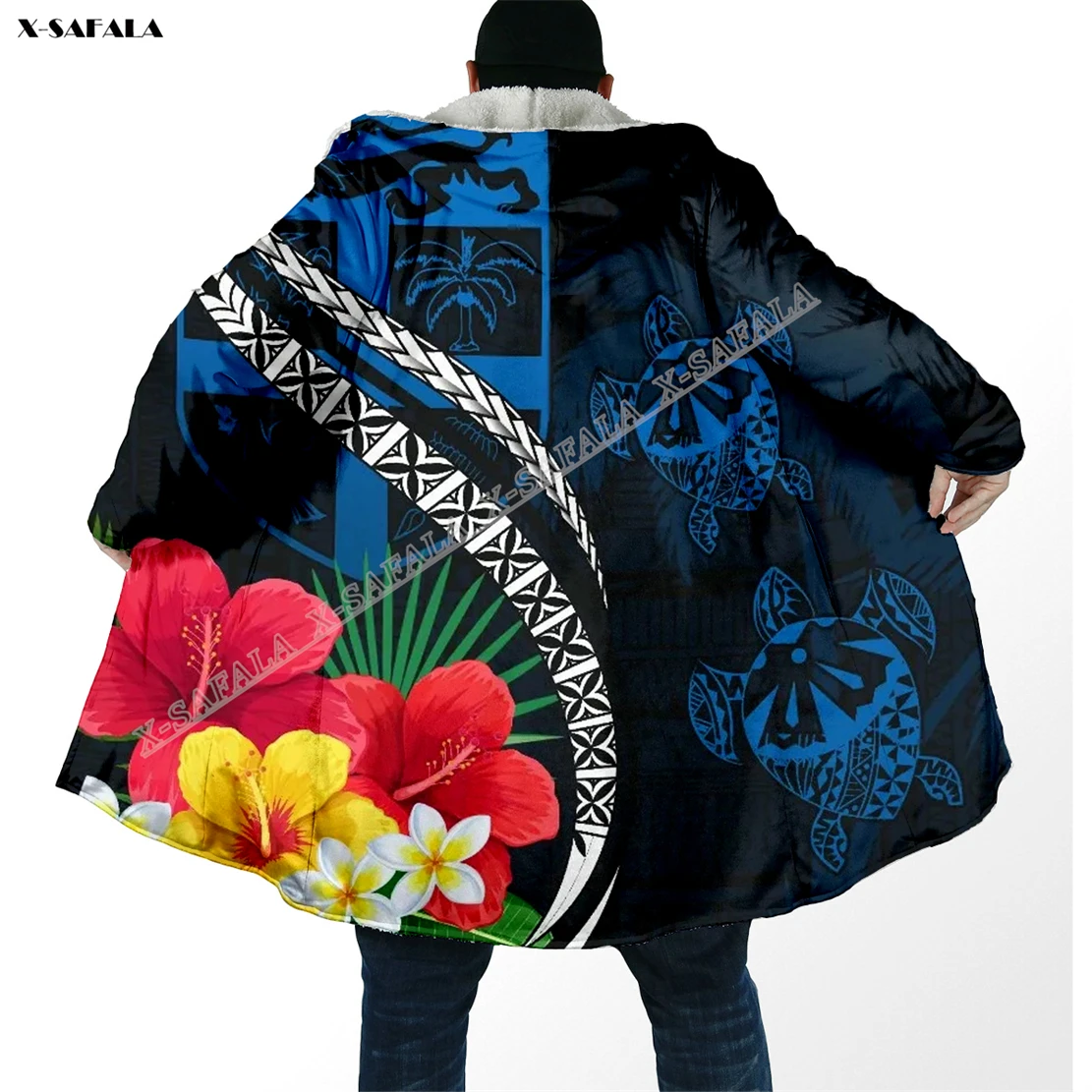 

Turtles Hawaii Plumeria Polynesia 3D Printed Overcoat Hooded Blanket Coat Cape Robe Fleece Loose Men Female Cloak Windproof