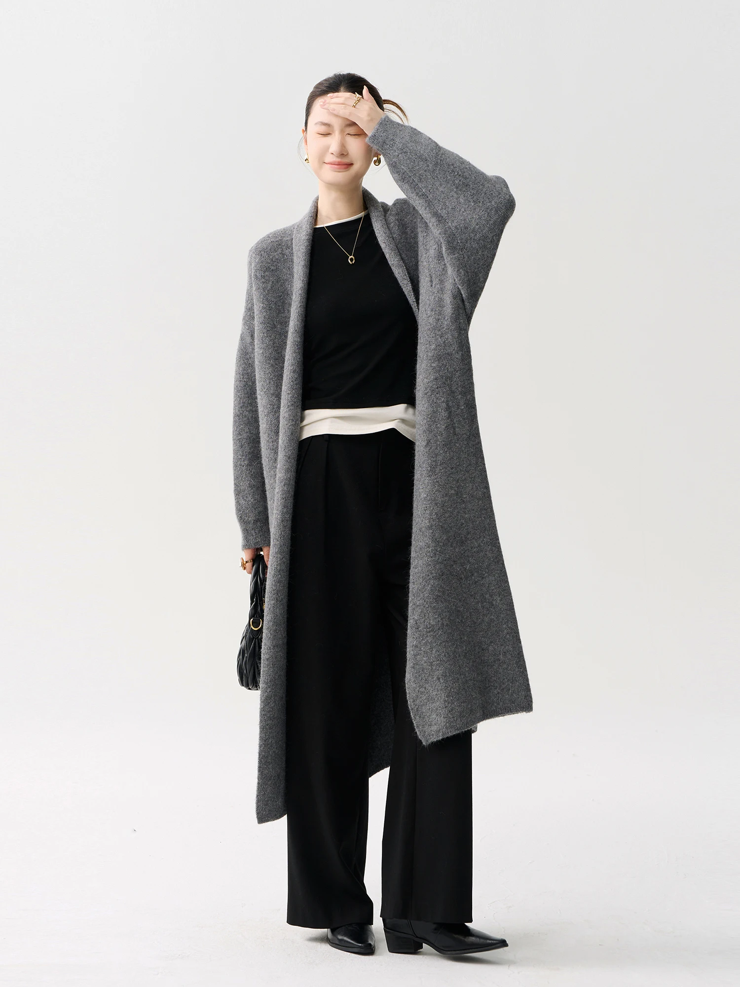 

Grey Long Knitted Open Cardigan Women's Loose Lazy Style Simple Elegance Soft Hand Feel Outerwear Sweater Jacket Autumn Winter