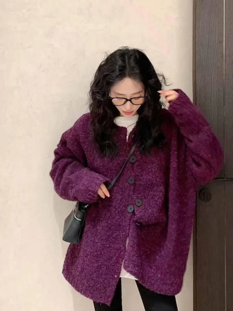 Shpmishal Korean Fashion Christmas Red Mid Length Sweater 2024 Women's Winter Loose Fit Slimming Knitted Cardigan Warm Jacket