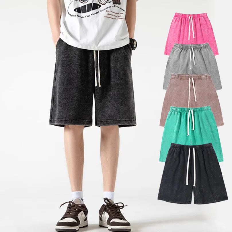 290 Gsm 100% Cotton Acid Wash Shorts Vintage Hip Hop Loose Shorts Running Male shorts
